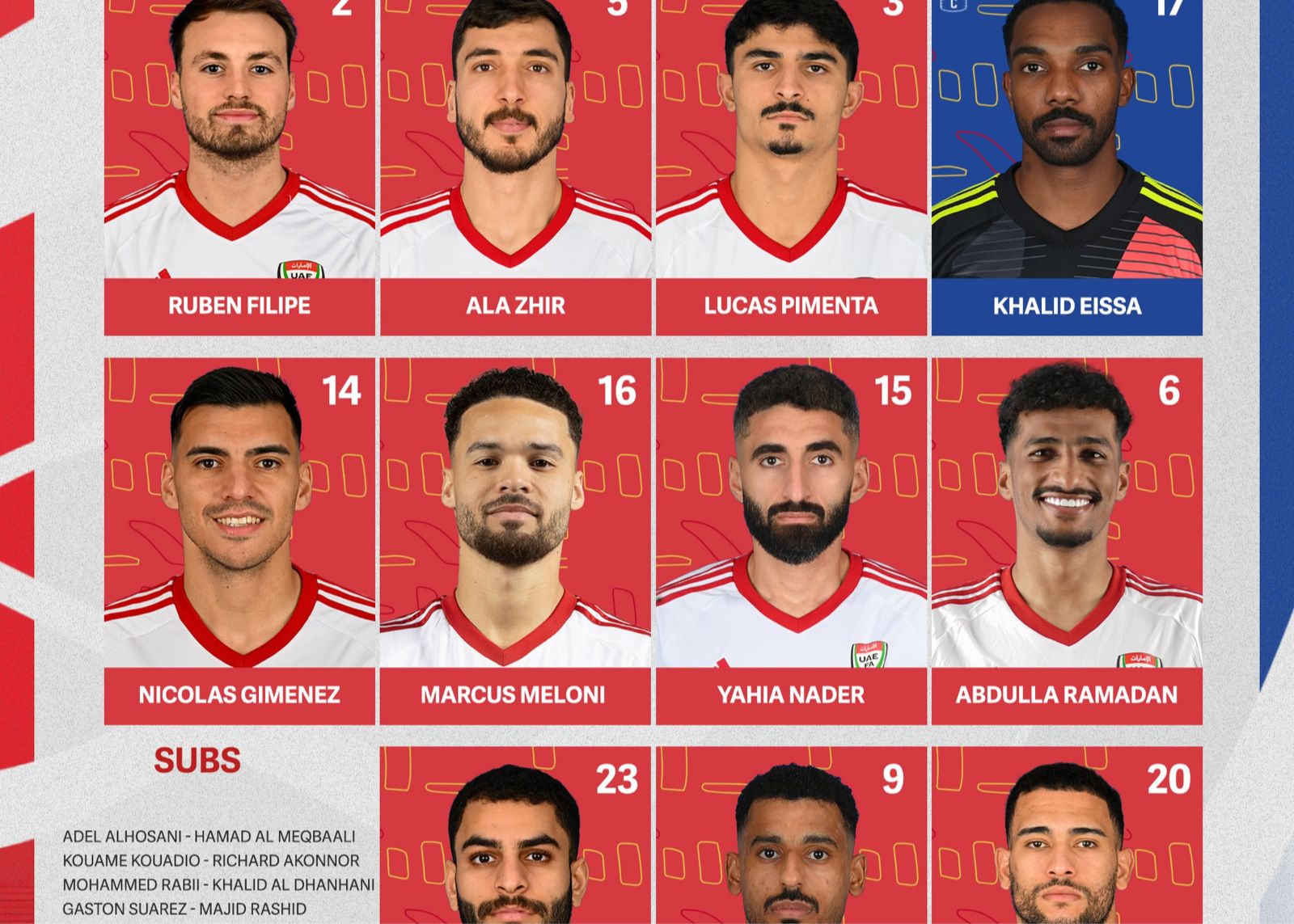 阿联酋vs伊拉克：阿迪尔、苏海尔首发，埃尔哈马迪出战